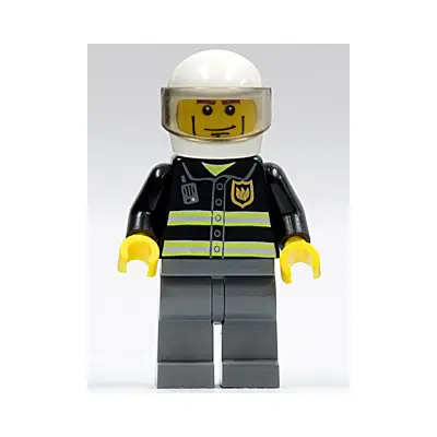  Fire - Reflective Stripes, Dark Bluish Gray Legs, White Standard Helmet, Cheek Lines