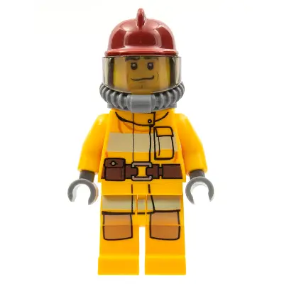  Fire - Bright Light Orange Fire Suit with Utility Belt, Dark Red Fire Helmet, Yellow Air Tanks, Black Eyebrows, Chin Dimple