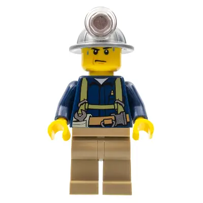  Miner - Shirt with Harness and Wrench, Dark Tan Legs, Mining Helmet, Sweat Drops