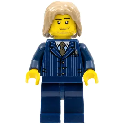  Businessman - Pinstripe Jacket and Gold Tie, Dark Blue Legs, Dark Tan Mid-Length Tousled Hair, Smirk and Stubble