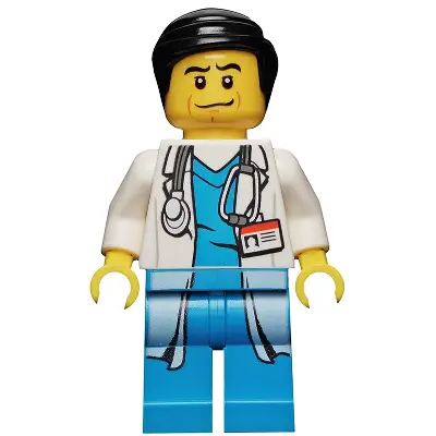  Doctor - Long Lab Coat over Dark Azure Shirt, Stethoscope, Black Smooth Hair