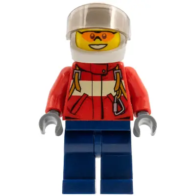  Fire - Pilot Male, Red Fire Suit with Carabiner, Dark Blue Legs, White Helmet, Trans-Brown Visor, Orange Safety Glasses