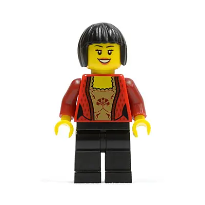  Female Corset with Gold Panel Front and Lace Up Back Pattern, Black Legs, Black Bob Cut Hair