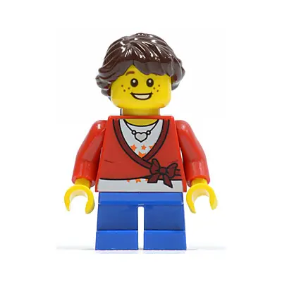  Sweater Cropped with Bow, Heart Necklace, Blue Short Legs, Dark Brown Hair Ponytail Long French Braided, Freckles