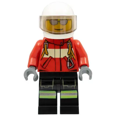  Fire - Pilot Male, Red Fire Suit with Carabiner, Reflective Stripes on Black Legs, White Helmet, Silver Sunglasses