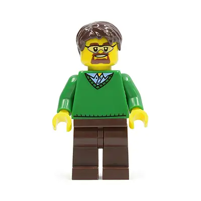  Green V-Neck Sweater, Dark Brown Legs, Dark Brown Short Tousled Hair, Safety Goggles
