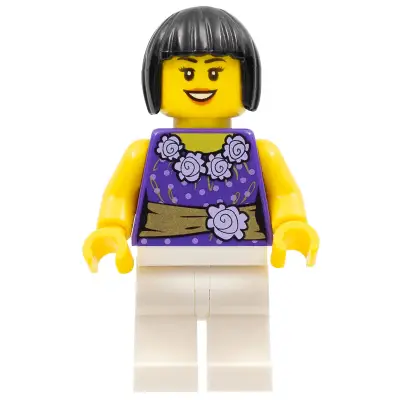  Female Dark Purple Blouse with Gold Sash and Flowers, White Legs, Black Bob Cut Hair