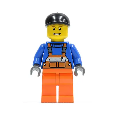  Overalls with Safety Stripe Orange, Orange Legs, Black Short Bill Cap, Brown Eyebrows, Open Mouth Smile