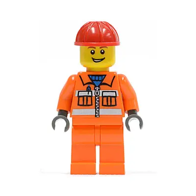  Construction Worker - Orange Zipper, Safety Stripes, Orange Arms, Orange Legs, Red Construction Helmet, Open Grin