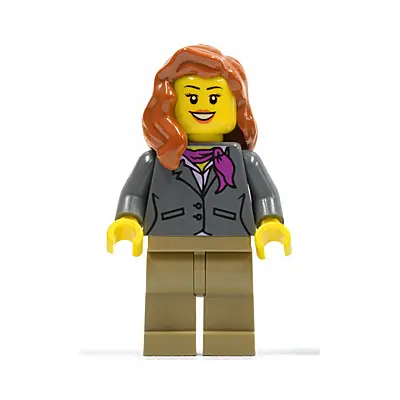  Dark Bluish Gray Jacket with Magenta Scarf, Dark Tan Legs, Dark Orange Female Hair over Shoulder