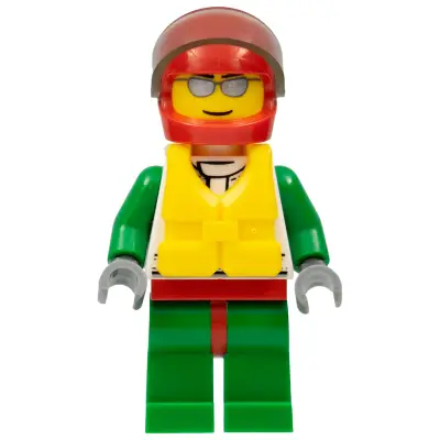  Octan - Jacket with Red and Green Stripe, Red Hips and Green Legs, Red Helmet, Trans-Brown Visor, Silver Sunglasses, Life Jacket Center Buckle