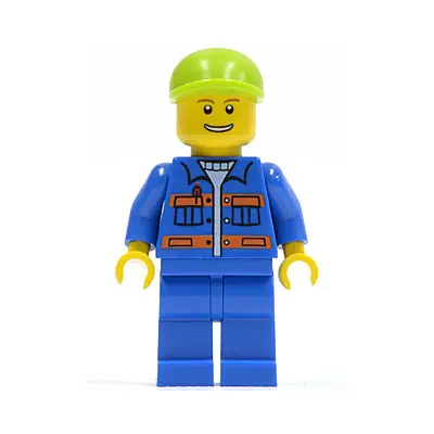  Blue Jacket with Pockets and Orange Stripes, Blue Legs, Lime Short Bill Cap, Thin Grin with Teeth