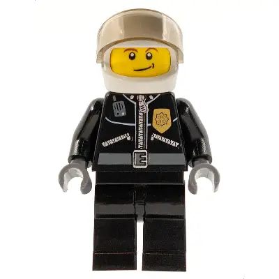  Police - City Leather Jacket with Gold Badge and 'POLICE' on Back, White Helmet, Trans-Brown Visor, Crooked Smile