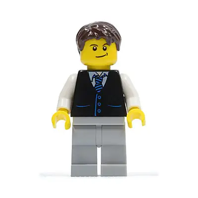  Black Vest with Blue Striped Tie, Light Bluish Gray Legs, White Arms, Dark Brown Short Tousled Hair, Crooked Smile