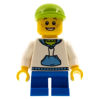  Child - Boy, White Hoodie with Medium Blue Pocket, Blue Short Legs, Lime Cap, Freckles