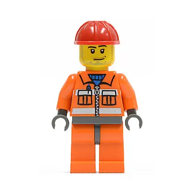  Construction Worker - Orange Zipper, Safety Stripes, Orange Arms, Orange Legs, Dark Bluish Gray Hips, Red Construction Helmet, Smirk and Stubble Beard