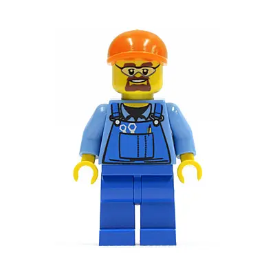 Overalls with Tools in Pocket Blue, Orange Short Bill Cap, Safety Goggles