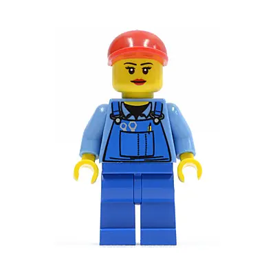  Overalls with Tools in Pocket Blue, Red Short Bill Cap, Eyelashes and Red Lips