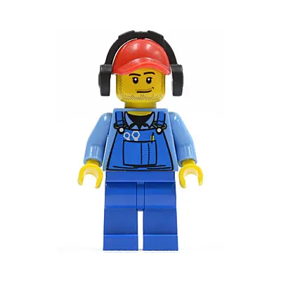  Cargo Worker - Overalls with Tools in Pocket Blue, Red Cap with Hole, Headphones