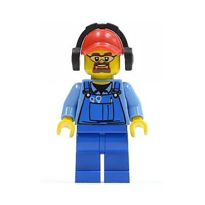  Cargo Worker - Overalls with Tools in Pocket Blue, Red Cap with Hole, Headphones, Safety Goggles