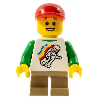  Classic Space Minifigure Floating Pattern, Dark Tan Short Legs, Red Short Bill Cap