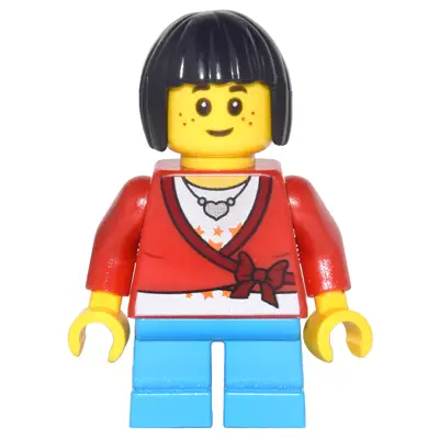  Sweater Cropped with Bow, Heart Necklace, Dark Azure Short Legs, Black Bob Cut Hair