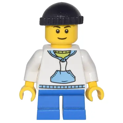  Child - Boy, White Hoodie with Medium Blue Pocket, Blue Short Legs, Black Knit Cap