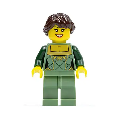  Sand Green Female Corset with Gold Trimmed Front, Sand Green Legs, Dark Brown Hair Ponytail Long French Braided