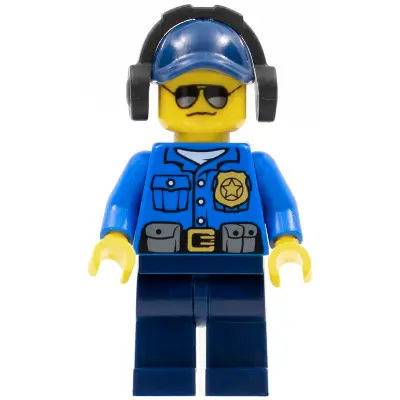  Police - City Officer, Gold Badge, Dark Blue Cap with Hole, Headphones, Sunglasses