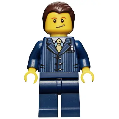  Businessman Pinstripe Jacket and Gold Tie, Dark Blue Legs, Dark Brown Hair, Crooked Smile