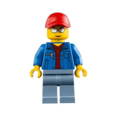  Blue Jacket over Dark Red V-Neck Sweater, Sand Blue Legs, Red Cap with Hole, Silver Sunglasses