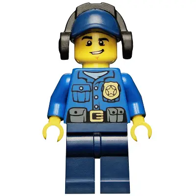  Police - City Officer, Gold Badge, Dark Blue Cap with Hole, Headphones, Lopsided Grin
