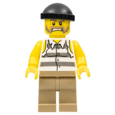  Police - Jail Prisoner Shirt with Prison Stripes and Torn out Sleeves, Dark Tan Legs, Black Knit Cap