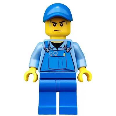  Overalls with Tools in Pocket Blue, Blue Cap with Hole, Sweat Drops