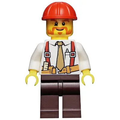  Construction Foreman - Shirt with Tie and Suspenders, Dark Brown Legs, Red Construction Helmet