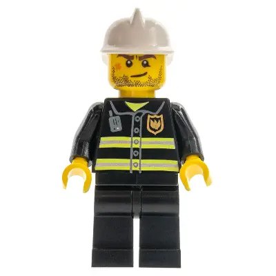  Fire - Reflective Stripes, Black Legs, White Fire Helmet, Crooked Smile with Scar