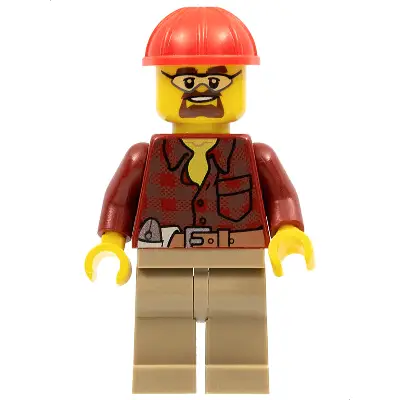  Flannel Shirt with Pocket and Belt, Dark Tan Legs, Red Construction Helmet, Safety Goggles