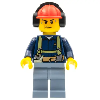  Construction Worker - Male, Shirt with Harness and Wrench, Sand Blue Legs, Red Construction Helmet with Black Ear Protectors / Headphones, Sweat Drops