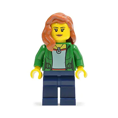  Green Female Jacket Open with Necklace, Dark Blue Legs, Dark Orange Female Hair over Shoulder