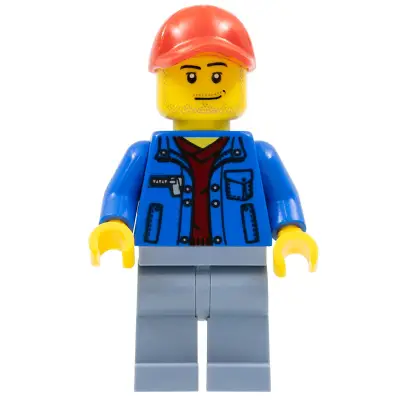  Blue Jacket over Dark Red V-Neck Sweater, Sand Blue Legs, Red Cap with Hole, Smirk and Stubble Beard