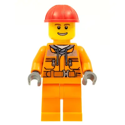  Construction Worker - Male, Orange Safety Jacket, Reflective Stripe, Sand Blue Hoodie, Orange Legs, Red Construction Helmet, Thin Grin with Teeth