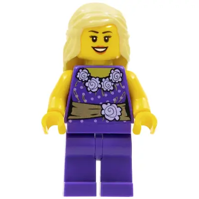  Female Dark Purple Blouse with Gold Sash and Flowers, Dark Purple Legs, Bright Light Yellow Female Hair Mid-Length