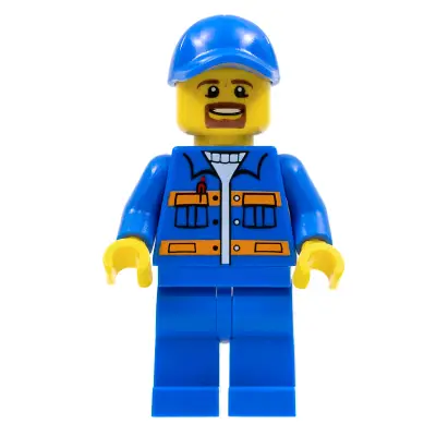  Blue Jacket with Pockets and Orange Stripes, Blue Legs, Blue Cap with Hole, Brown Moustache and Goatee