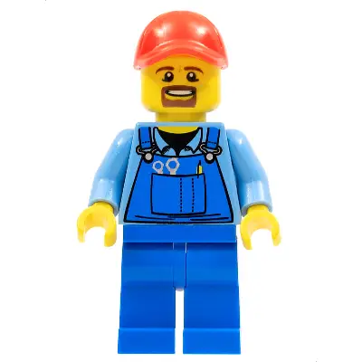  Overalls with Tools in Pocket Blue, Red Cap with Hole, Brown Moustache and Goatee