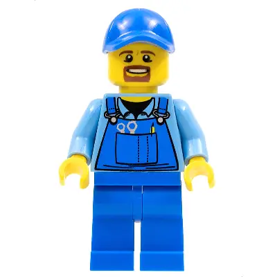  Overalls with Tools in Pocket Blue, Blue Cap with Hole, Brown Moustache and Goatee