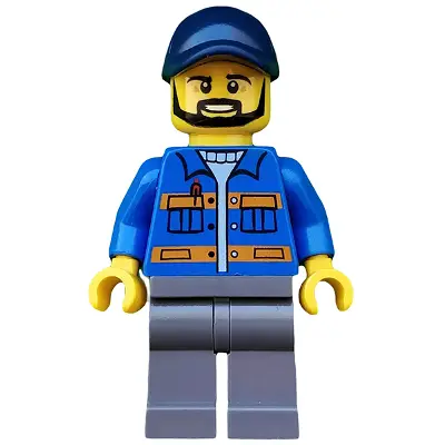  Blue Jacket with Pockets and Orange Stripes, Dark Bluish Gray Legs, Dark Blue Cap with Hole, Black Beard