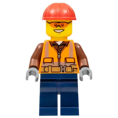  Construction Worker - Male, Orange Safety Vest, Reflective Stripes, Reddish Brown Shirt, Dark Blue Legs, Red Construction Helmet, Orange Safety Glasses