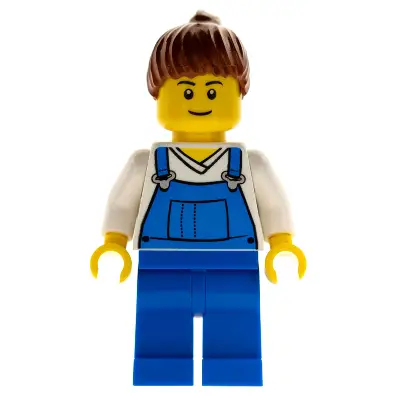  Farm Hand, Female, Overalls Blue over V-Neck Shirt, Thin Smile