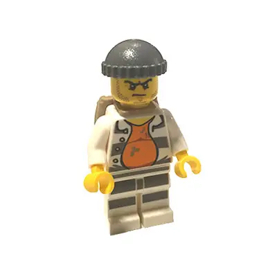  Police - Jail Prisoner 18675, Open Shirt, Striped Legs, Gray Knit Cap, Backpack