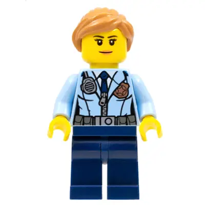 Police - City Officer Female, Jacket with Dark Blue Tie, Radio and Gold Badge, Dark Blue Legs, Medium Nougat Ponytail and Swept Sideways Fringe